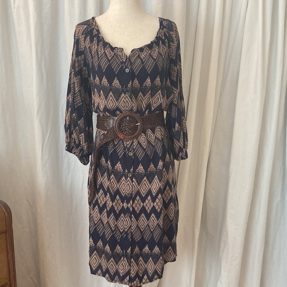 Anthropologie Edme & Esyllte tunic dress, navy & beige boho pattern, size 10 - Picture 2 of 10